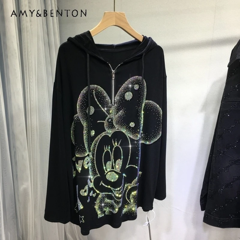 Cute Cartoon Rhinestone Hoodies Autumn Winter Mid-Length Cotton Sweatshirts Versatile Slimming Hooded Top For Women's Black Coat