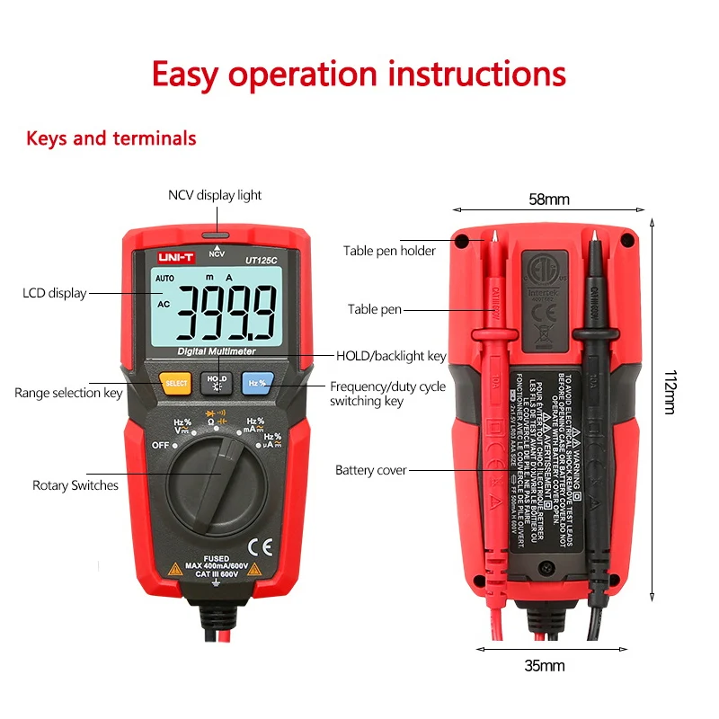 UNI-T UT125C Mini Pocket Digital Multimeter Temperature Tester Resistor Capacitor Frequency Diode NCV Test Low Voltage Display