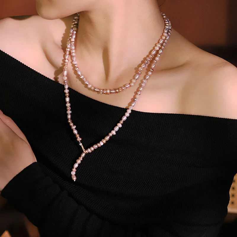 

Оригинальная длинная цепочка для свитера с натуральным розовато-фиолетовым жемчугом для женщин, роскошное ожерелье, универсальная элегантная цепочка на шею, колье-воротник