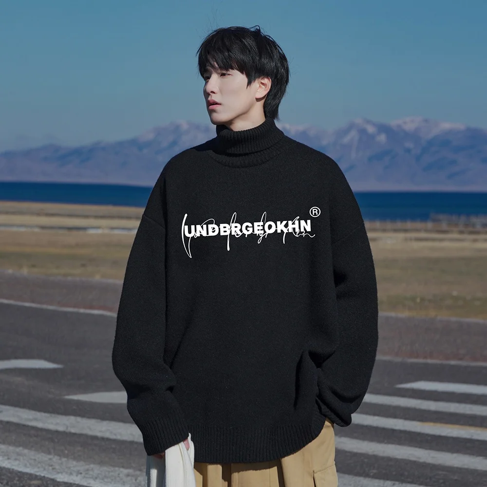 

Мужской вязаный свитер с высоким воротником, свободного кроя, модный, с ретро-принтом, шерстяной, для повседневной носки, весна-осень