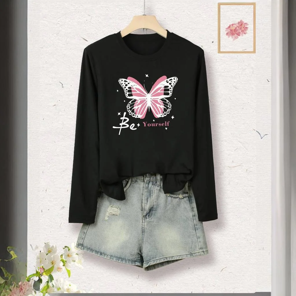 

Colour Block Butterfly Print Women's Black T-Shirts 2024 Round-Neck Tops New Autumn/ Winter Long Sleeves Loose Oversize Clothing