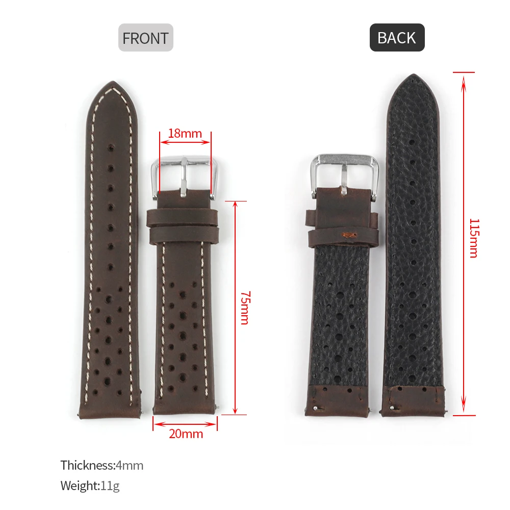 Vintage Crazy Horse Genuine Leather Watchband 18mm 19mm 20mm 21mm 22mm 24mm Waterproof Porous Breathable Watch Strap Replacement