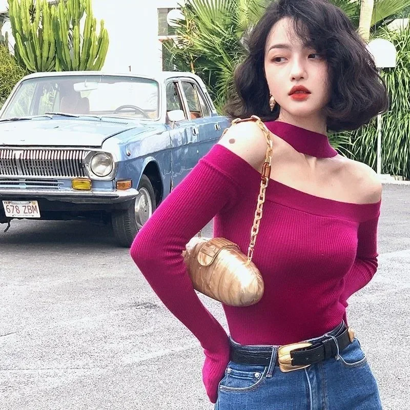 Sexy Halter Sweater Slash Neck Off Shoulder Pullovers Spring Autumn Women Tops Knitted Korea Style Blue Rose White Black White