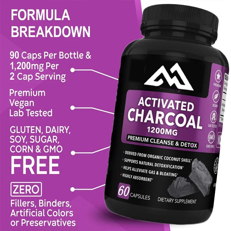 Activated carbon capsules clean and detoxify organic coconut charcoal, used to relieve stomach gas and bloating