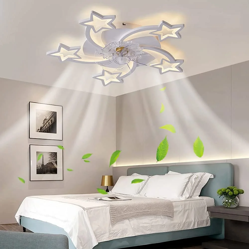Five-Pointed Star Ceiling Fan Light White with Remote Control Flush Mount Ceiling Fan LED 3-Color Dimming for Bedroom Livingroom
