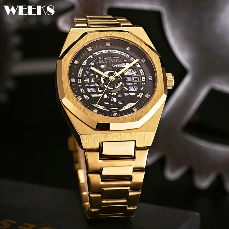 

Luxury Men Watch Men's Quartz Wristwatch Classic Brand Gold Black Golden Dial Diamond Inlay Skeleton Watches Business Man Clock