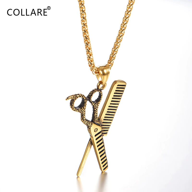 ChainsPro Scissors and Comb Pendant Men Stainless Steel Jewelry Gold Black Color Hair Dresser Hairstylist Necklace Women QC25