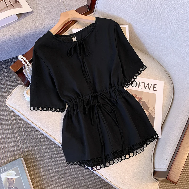 L-4XL Large Size Drawsting Blouses Women Summer Lace Up V-neck Oversize Shirt Hollow Out Half Sleeve Solid Chiffon Chic Tops