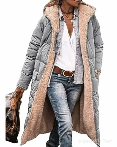 Women\'s 2024 Warm Winter Coats Reversible Sherpa Fleece Long Hooded Puffer Jackets Outerwear 142857