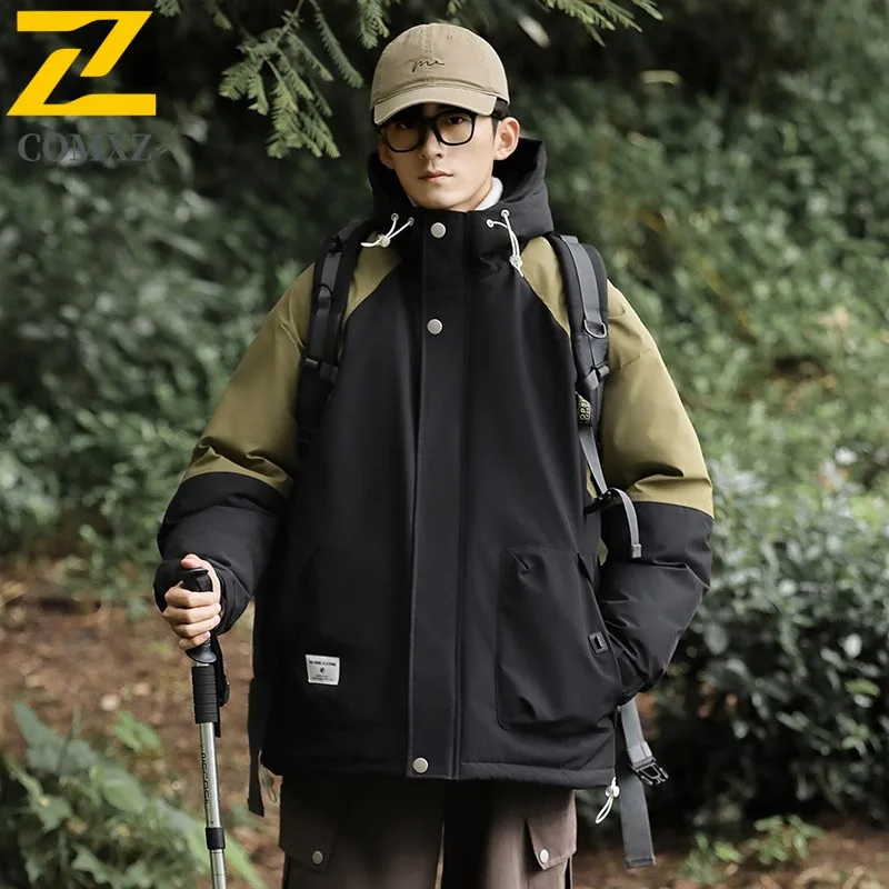 COMXZ New Mens Puffer Coat Splicing Hooded Outdoor Adventure Windproof Coat Travel Hiking Mountaineering Cold Protection Garment
