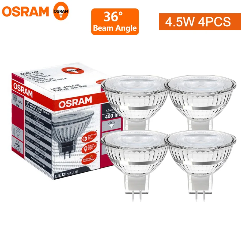 

4 шт. для OSRAM LED Value MR16 4,5 Вт 12 В GU5.3 База 36 градусов 2700 К Теплый белый низковольтный светодиодный отражатель Лампы для дома и комнаты