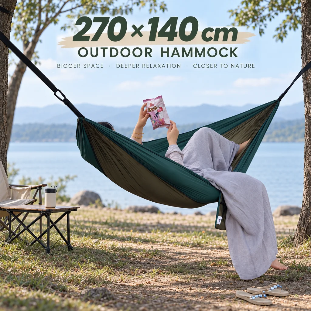 Large Camping Hammock 270x140cm Portable 600g Lightweight Adjustable Straps Carabiner Built-in Pocket For Outdoor HikingBackyard