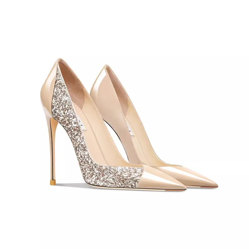 

Fashion Genuine Leather Pumps Patent Leather Patchwork Glitter Women V Shallow Type High Heels Summer Autumn Stiletto Heel