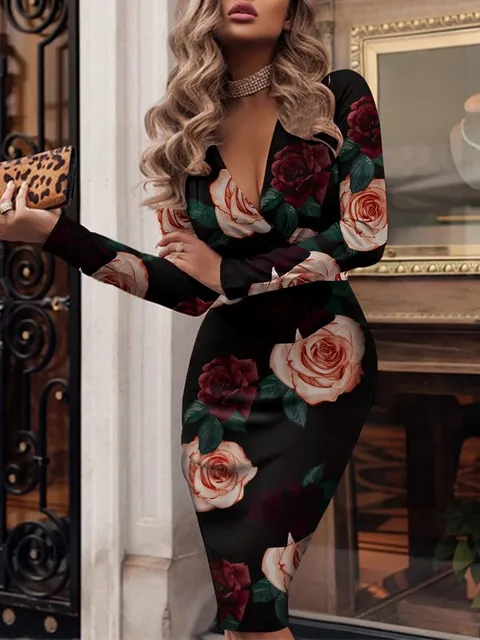 Wiosna Jesień Nowa Sukienka Damska Sexy Deep V Fashion Wrinkle Glitter Long Sleeve Slim Fit Hip Wrapping Knee Long Dress