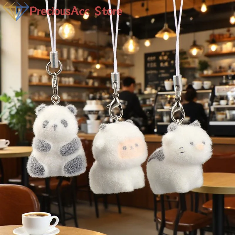 3D Flocking Animal Pendants Phone Keyrings Lanyard Hanging Charm Bag Pendant Couple Key Chains