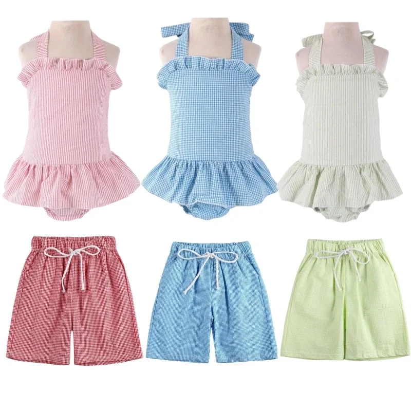 

Cute One Piece Toddler Baby Girls Swimsuit Summer Seersucker Matching Boys Swim Trunks Shorts Beach Kids Bikinis Swimwear