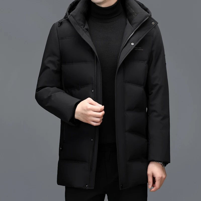 ZDT-11 inverno masculino médio a longo jaqueta engrossado quente pato branco para baixo casaco casual negócios à prova de frio jaqueta com capuz