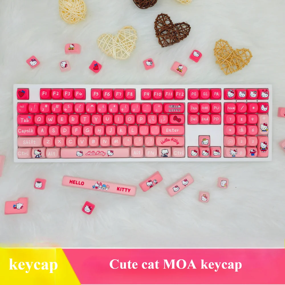 

Pink Cat Keycaps MOA Keyboard Cover 129 Keys PBT Cute Female Keycaps for 60/64/84/98/108 Mechanical Keyboards
