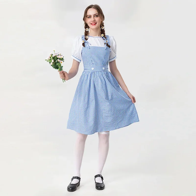 Adult Cosplay Pastoral Style Blue Lattice Farm Women Costume