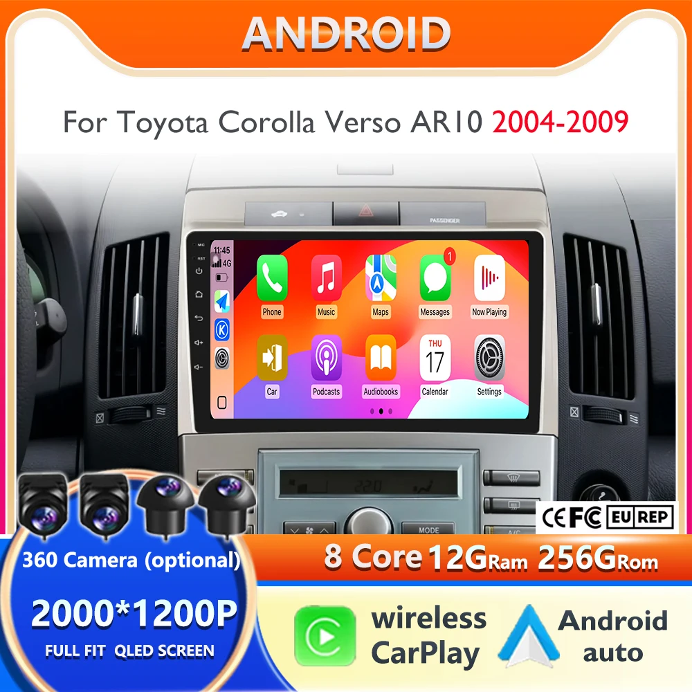 

Carplay Android Auto 9" 2K QLED Head Unit Touch Screen for Toyota Corolla Verso AR10 2004-2009 Android 15 Car Multimedia Player