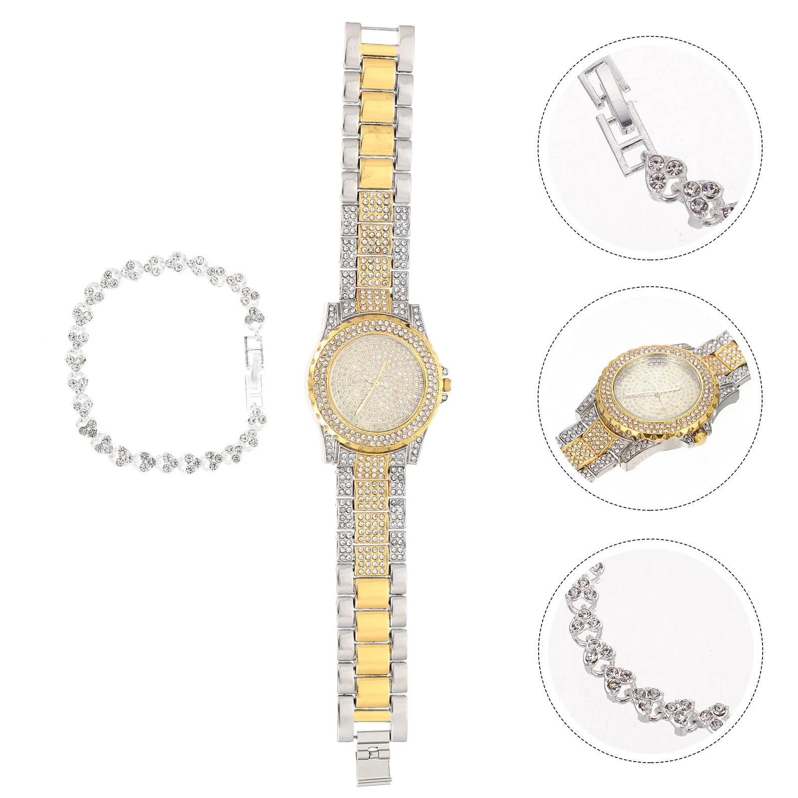 1 Set Women Watch Bracelet Set Fashion Diamond Rhinestone Ladies Wristwatch Adjustable Lightweight Precise Quartz Movement For
