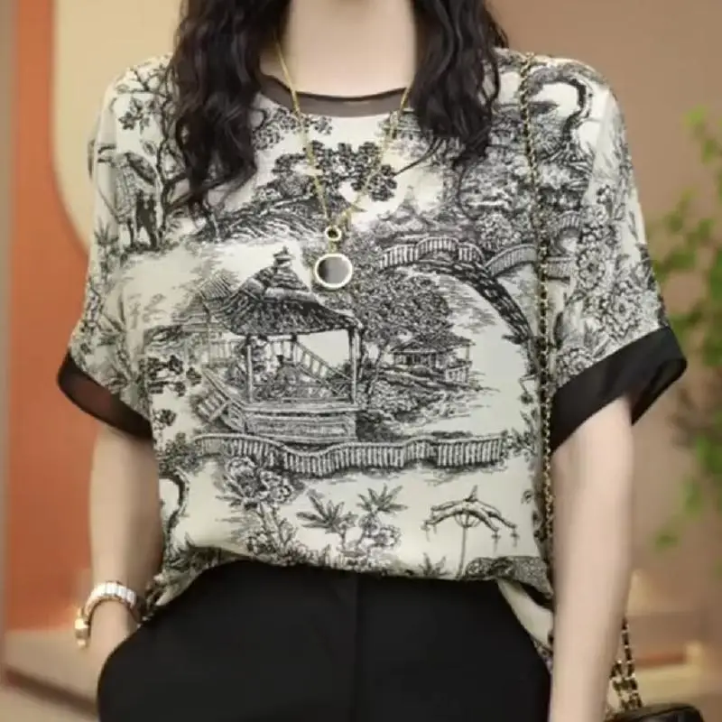 T-shirt en mousseline de soie à manches courtes et col rond pour femmes, vêtements élégants, t-shirts décontractés, mode printemps et été