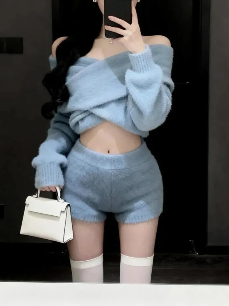 Korean Fashion Sweet Blue Knit Two-Piece Set Women Off-Shoulder Long Sleeve Crop Top + High-Waist Shorts New Slim Knitting Suit