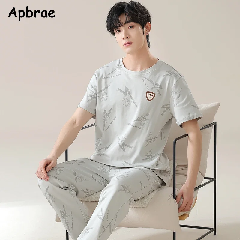 100% Pure Cotton Pajamas for Men Spring Summer Pullover Sleepwear Plus Size L-3XL Pijamas Short Sleeve Long Pants Homewear