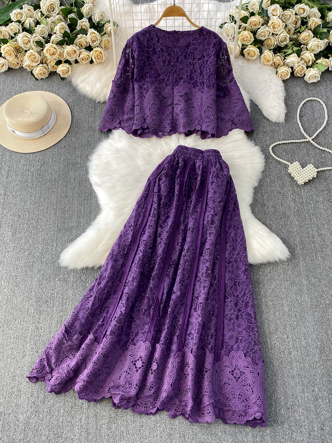 

Ele round Ne Lace irt And Midi Skirt Set Women's Faion Heavy Embellied Diamond Hooked Floral Print Two-Piece Outfit