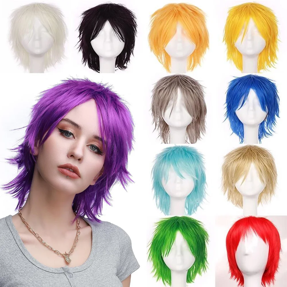 Synthetic Wig Cosplay Wig White Red Green Blue Pink Yellow Hair Short Layer Wig Fake Hair Extension Men Women Party Wig