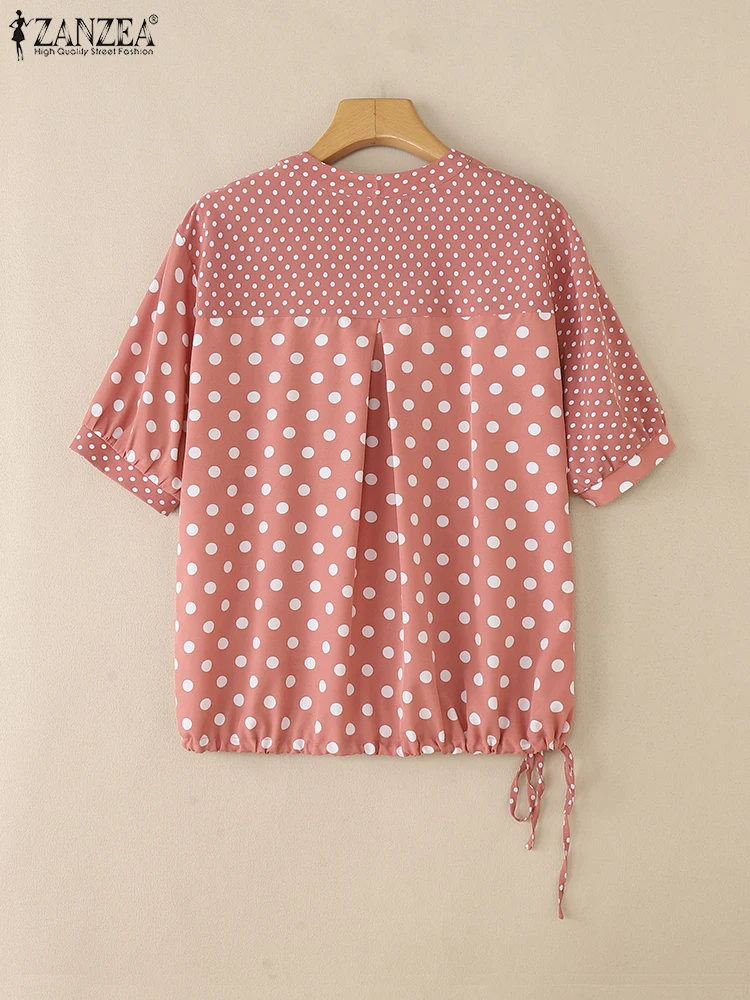 ZANZEA Moda Polka Dot Patchwork Camicette Donna Casual Scollo a V Mezza Manica Coulisse Orlo Blusas Mujer Estate Streetwear Magliette e camicette
