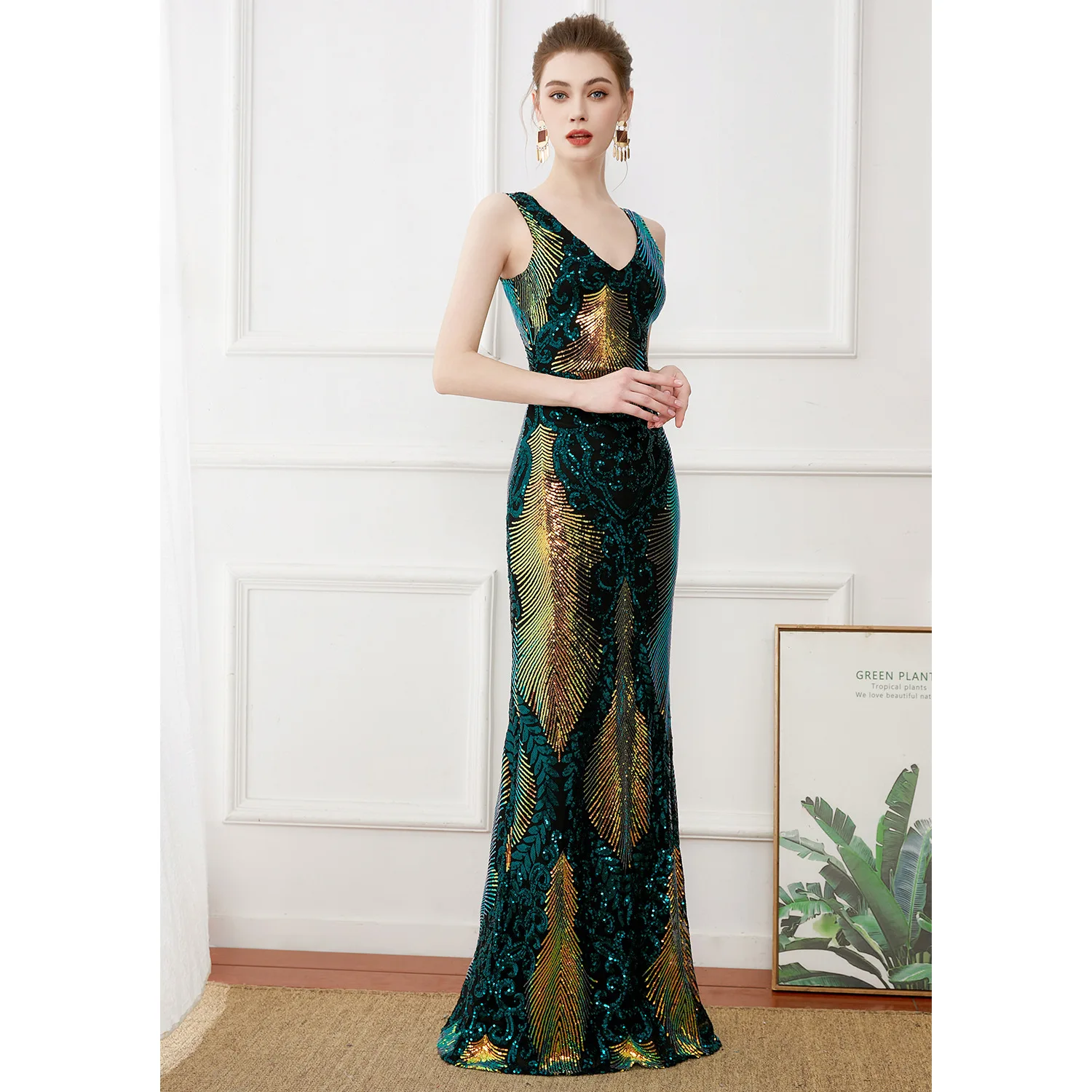 Prom Dress Elegant Sequin Vintage Fishtail Evening New Floor-Length V-Neck Etiquette Special Occasion Ladies Bridesmaid Costumes