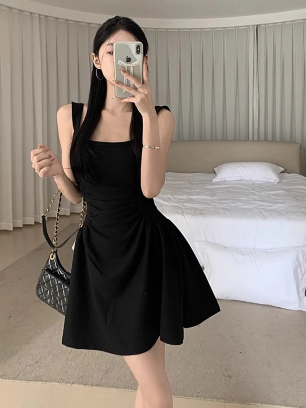 

Hebe Style Black Strapless A-Line Dress Women Summer Sexy Waist Cinched Pleated Short Skirt Sleeveless Little Black Dress