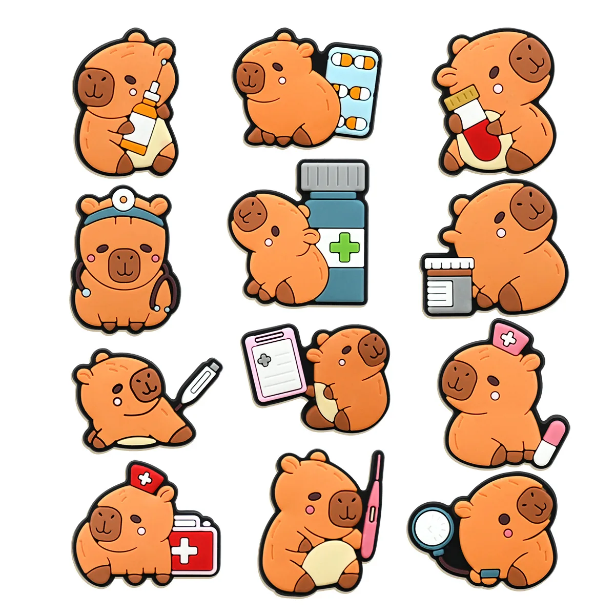 12pcs set Hot Cute Cartoon Nurse style Capybara PVC Shoe Charms For Clogs Lovely Animal Series Premium Clog Decor Easy Install