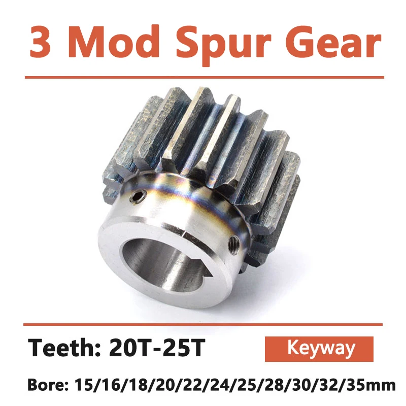 1PCS 3 Mod 20T 22T 24T 25T Spur Gear With Step Keyway Bore 15/16/18/20/22/24/25/28/30/32/35mm Module 3 Motor Gear Carbon Steel