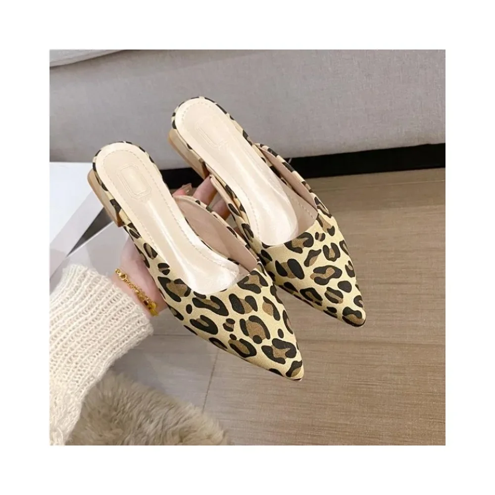 

Leopard Mules Shoes For Women Slip On Square Heel Slippers Women 2024 New Luxury Designer PU Leather Slides Elegant Office Shoes