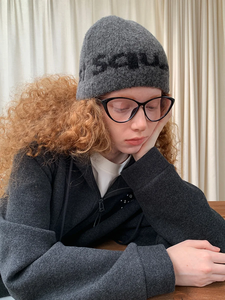 Warm Woolen Knitted Hat Square Houlest Letter Pattern round Top Large Circumference Face Slimming Cold Proof Women's Cap