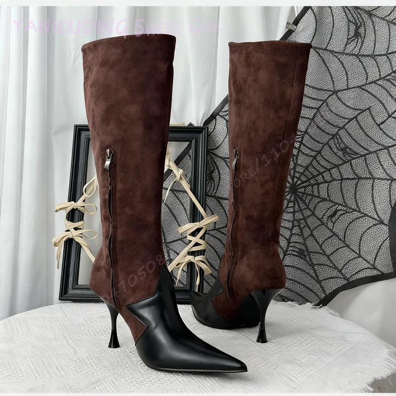 

Dark Brown Suede Boots Stretch Black Leather Knee Stiletto Heel Pointed Toe Suitable Women Winter Office Work Casual Party Shoes