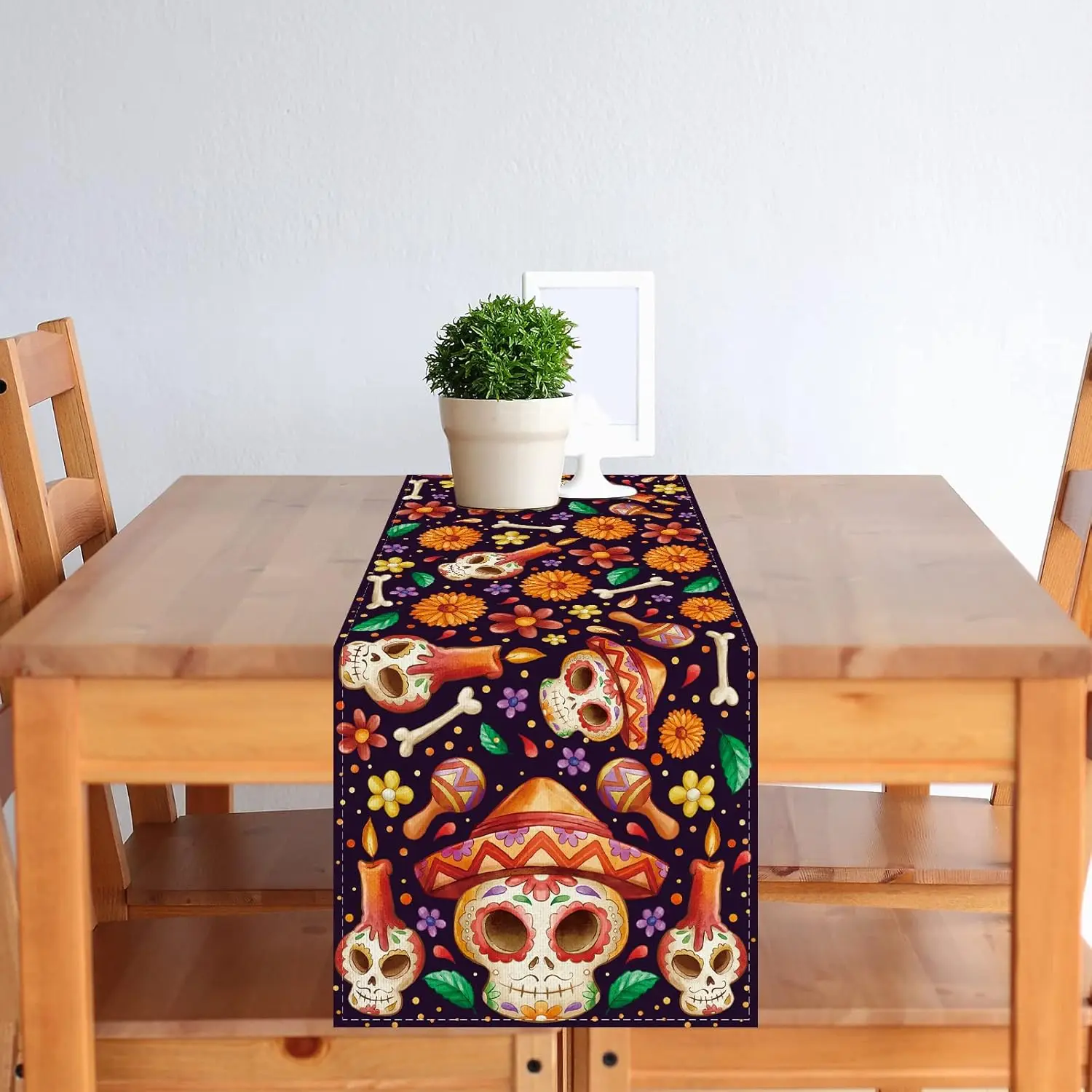 Mexican Colorful Floral Day of The Dead Linen Table Runner Mexico Dia De Los Muertos Sugar Skull Table Runners Party Table Decor
