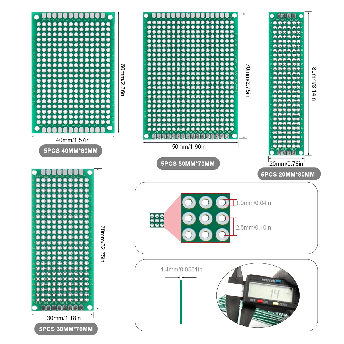 20pcs PCB Prototype Board Circuit Protoboard Universal Stripboard Prototyping Veroboard 2X8 3X7 4X6 5X7 5Pcs Each Mixed Green