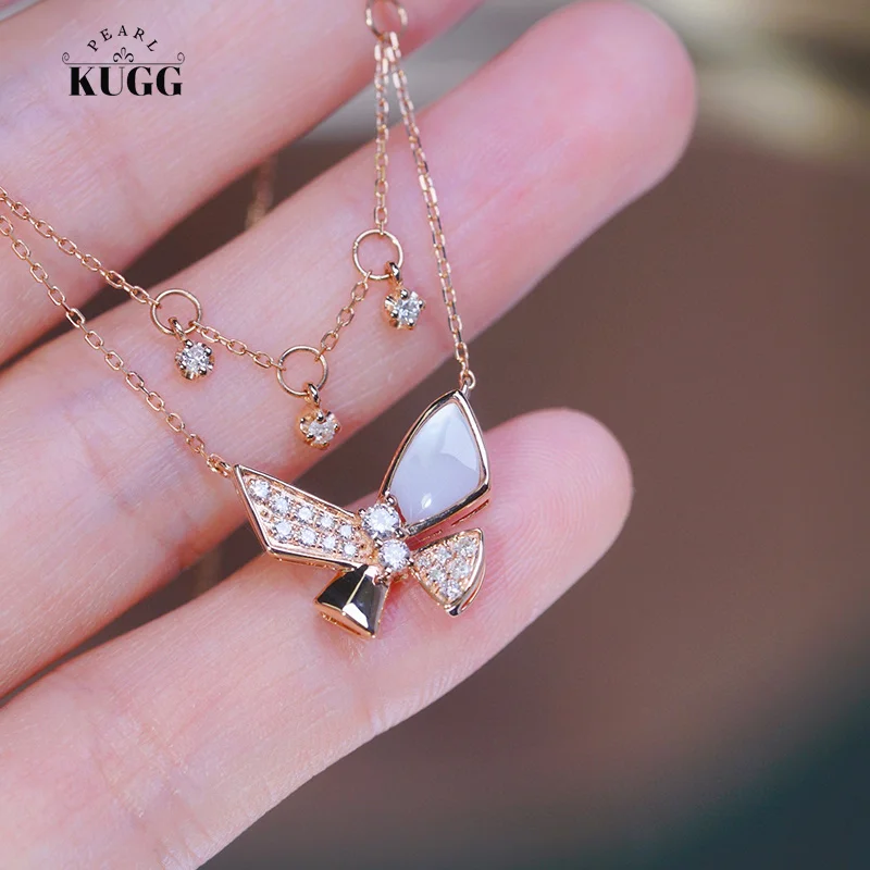 KUGG 18K Rose Gold Necklace Elegant Butterfly Design 0.30carat Real Natural Diamond Pendant Necklace for Women Wedding Jewelry