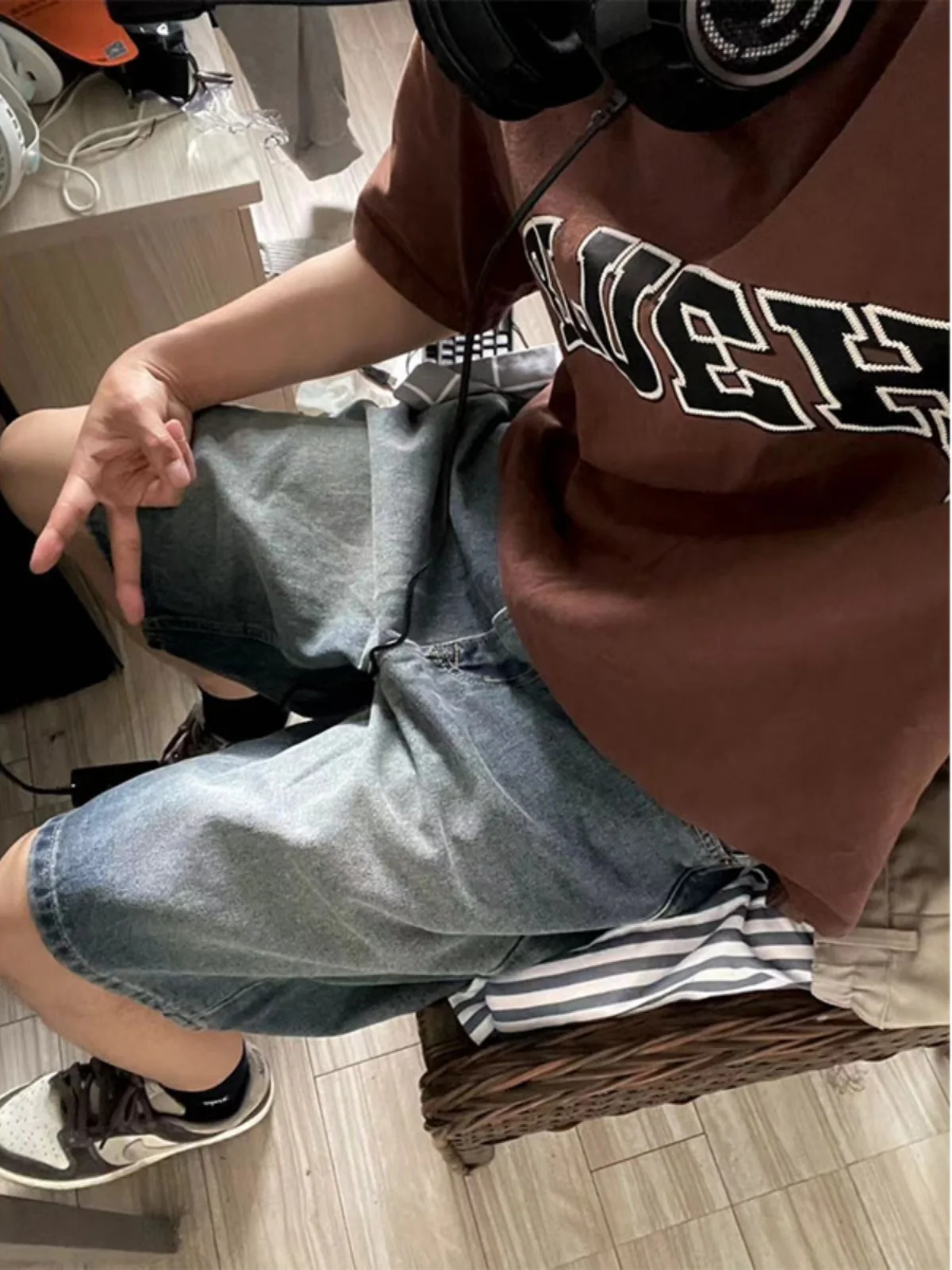 

Waed Vintage Blue Jeans orts Men's American High Street Straight Five-Point Casual Loose Fit Summer orts for Teens