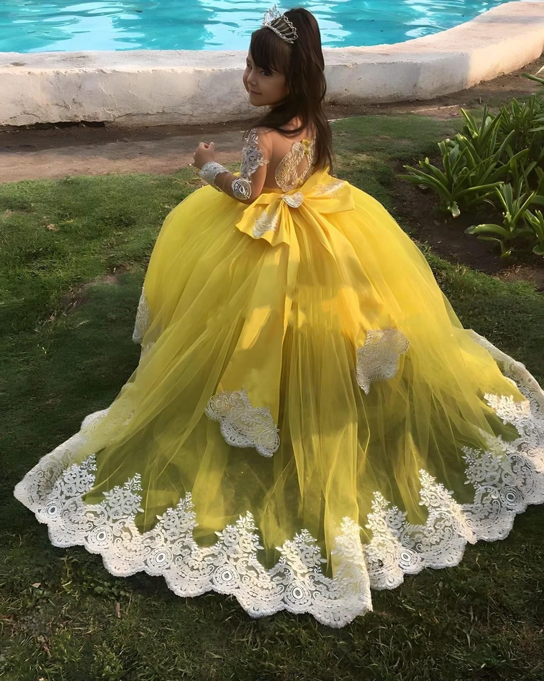 Long Sleeve Yellow Flower Girl Dresses Tulle Bow White Appliques Wedding Princess Birthday Party Robe First Communion Prom