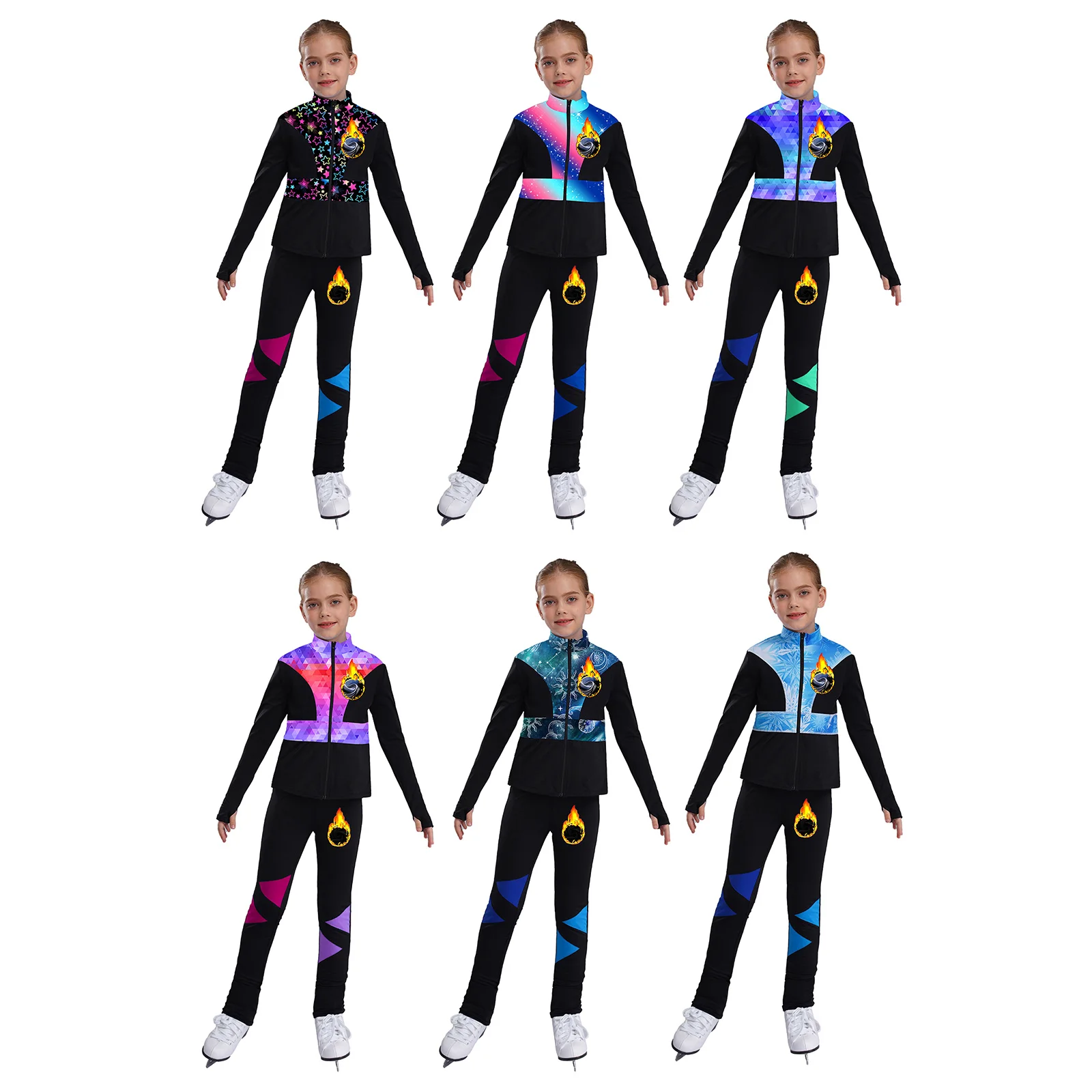 Neues stilvolles Eiskunstlauf-Outfit, langärmeliges bedrucktes Sweatshirt mit Leggings, Gymnastik, Tanz, Sport, Trainingskleidung für Kinder und Mädchen