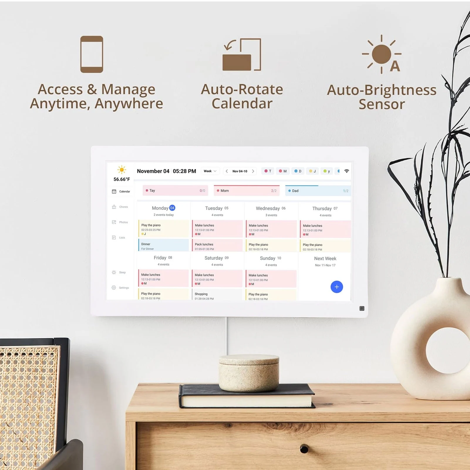 スマートデジタル家事表カレンダー 15.6インチFHDタッチスクリーン 壁掛け/卓上両用 Wi-Fi同期＆デジタルフォトフレーム機能付き