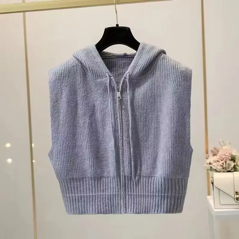 Women\'s Hooded Knitted Vests Draw String Retro Fashion Solid Female Autumn Sweaters Crops Minimalist Simple Sleeveless Zippers