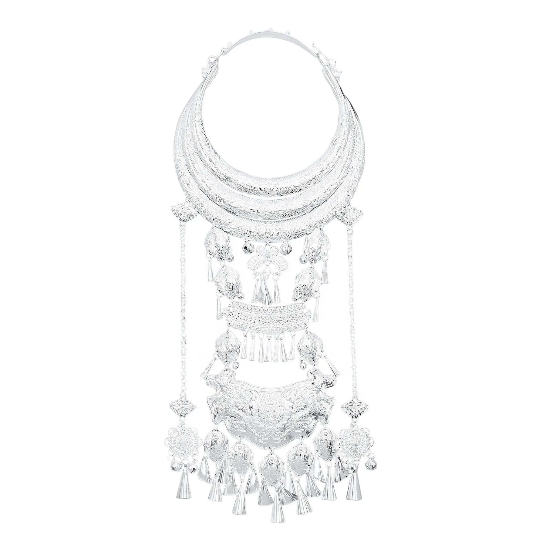 Ethnic Chinese Miao Silver Plated Collar Necklace for Women Traditional Hand Carved Statement Necklaces Tribal Festival Jewelry