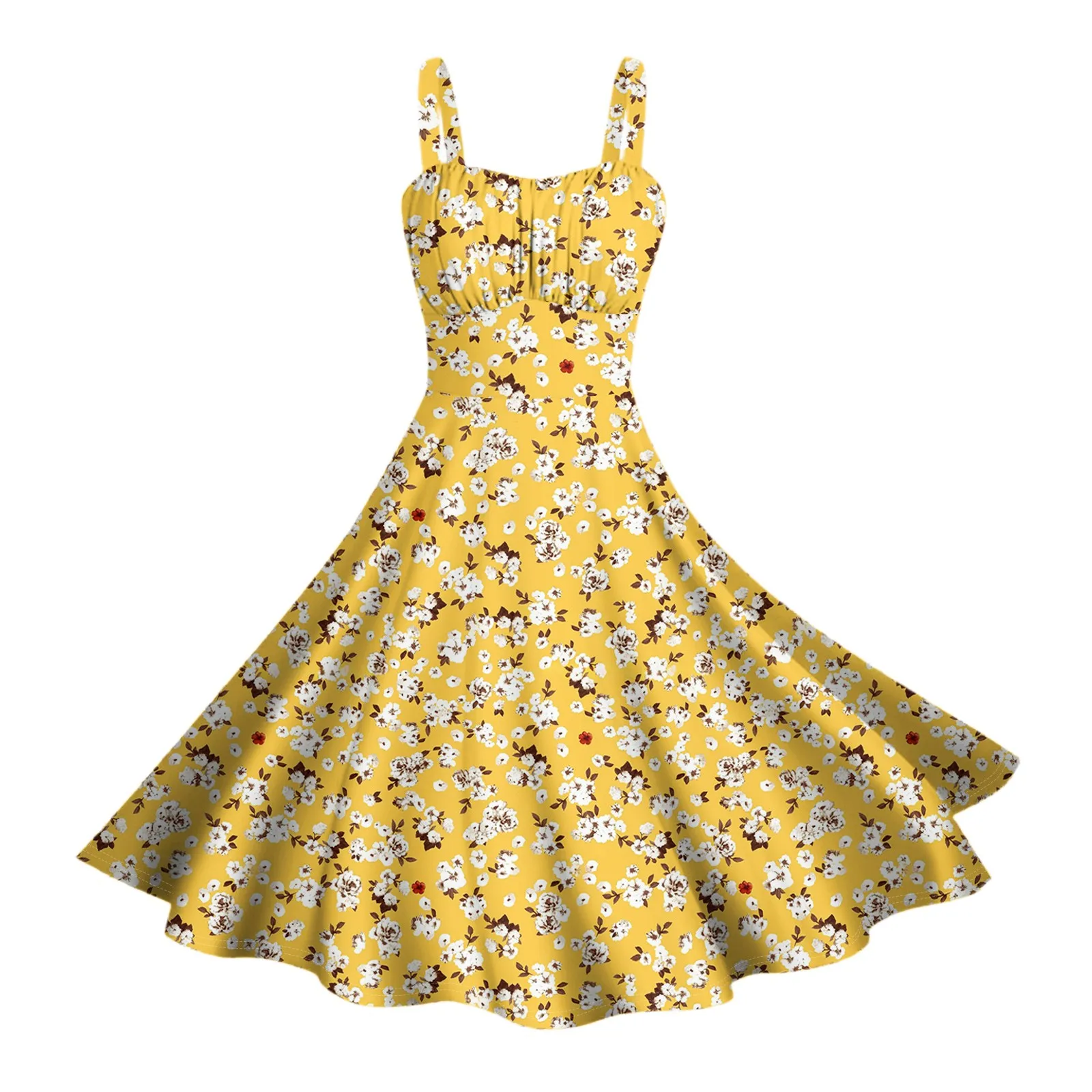 レディースヴィンテージノースリーブプリーツパッチワークキュートAラインヘム花柄プリントドレスワンピース レディース服 2025年夏