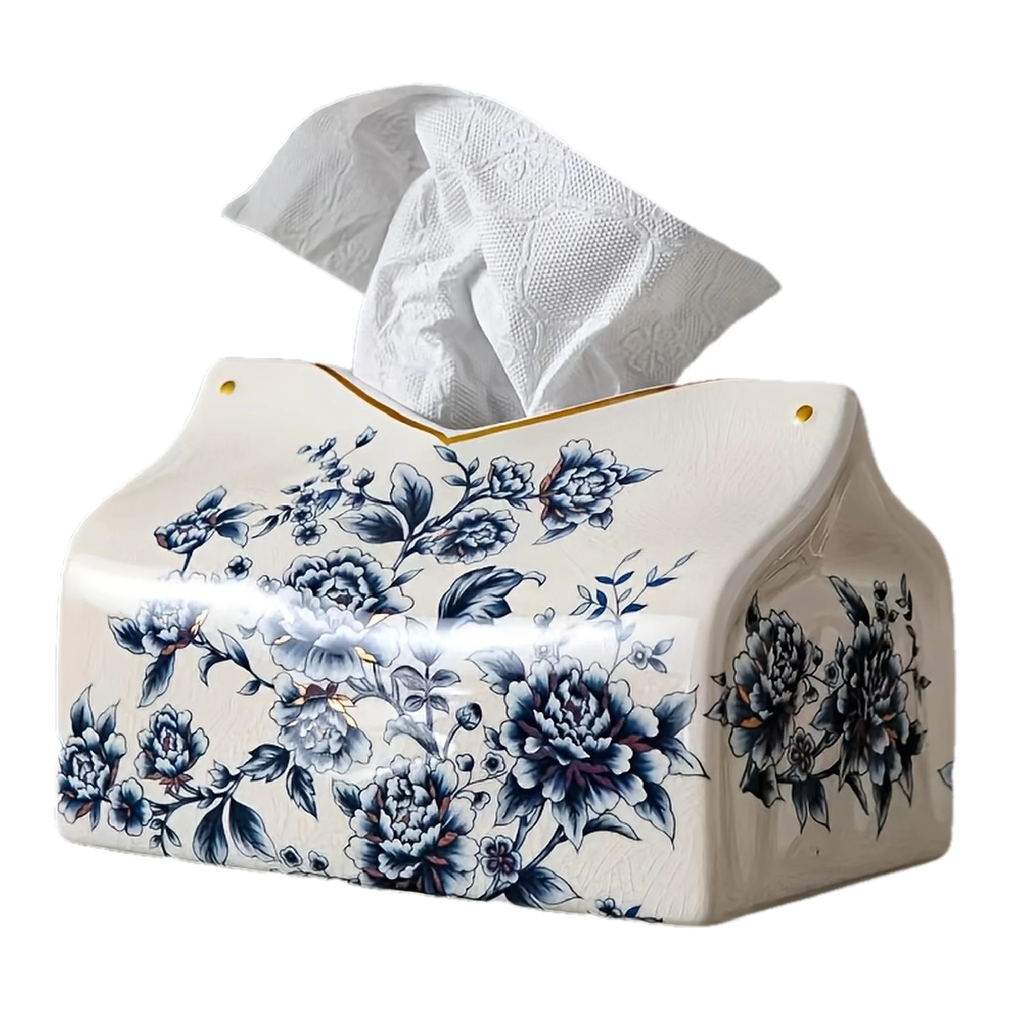 

1pc Vintage American-European Style Ceramic Tissue Box Holder with Golden Accents - Floral & Butterfly Design Decorative Home