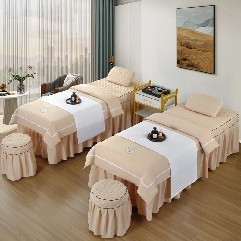 Simple Design 4pcs Beauty Salon Massage Bed Cover Sets Spa Bedskirt with Hole, Pillowcase, StoolCover, Dulvet Cover Beddings